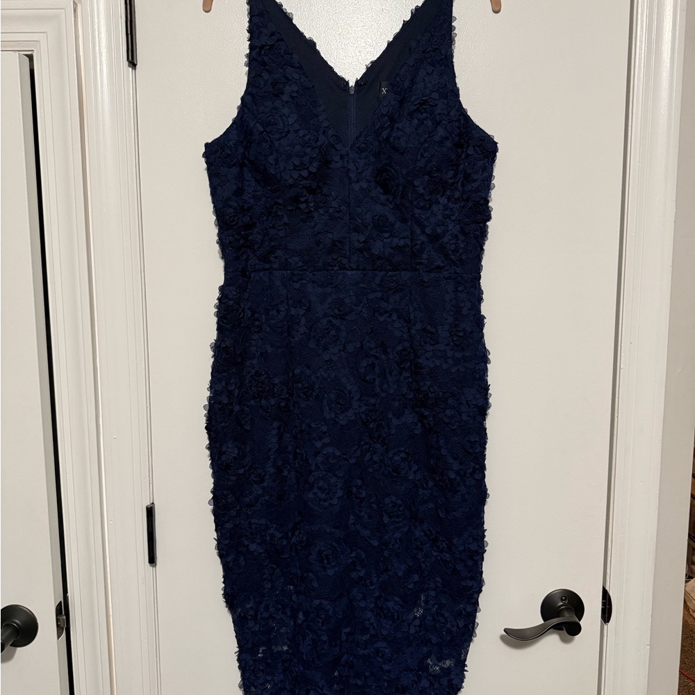 Xscape Navy Floral Lace Midi Dress